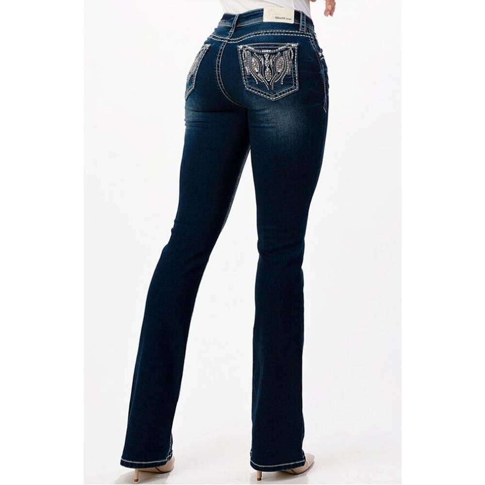 Grace in LA Women's Soft Denim Aztec Crystal Embellished Bootcut Stretch Jeans - Picture 3 of 4